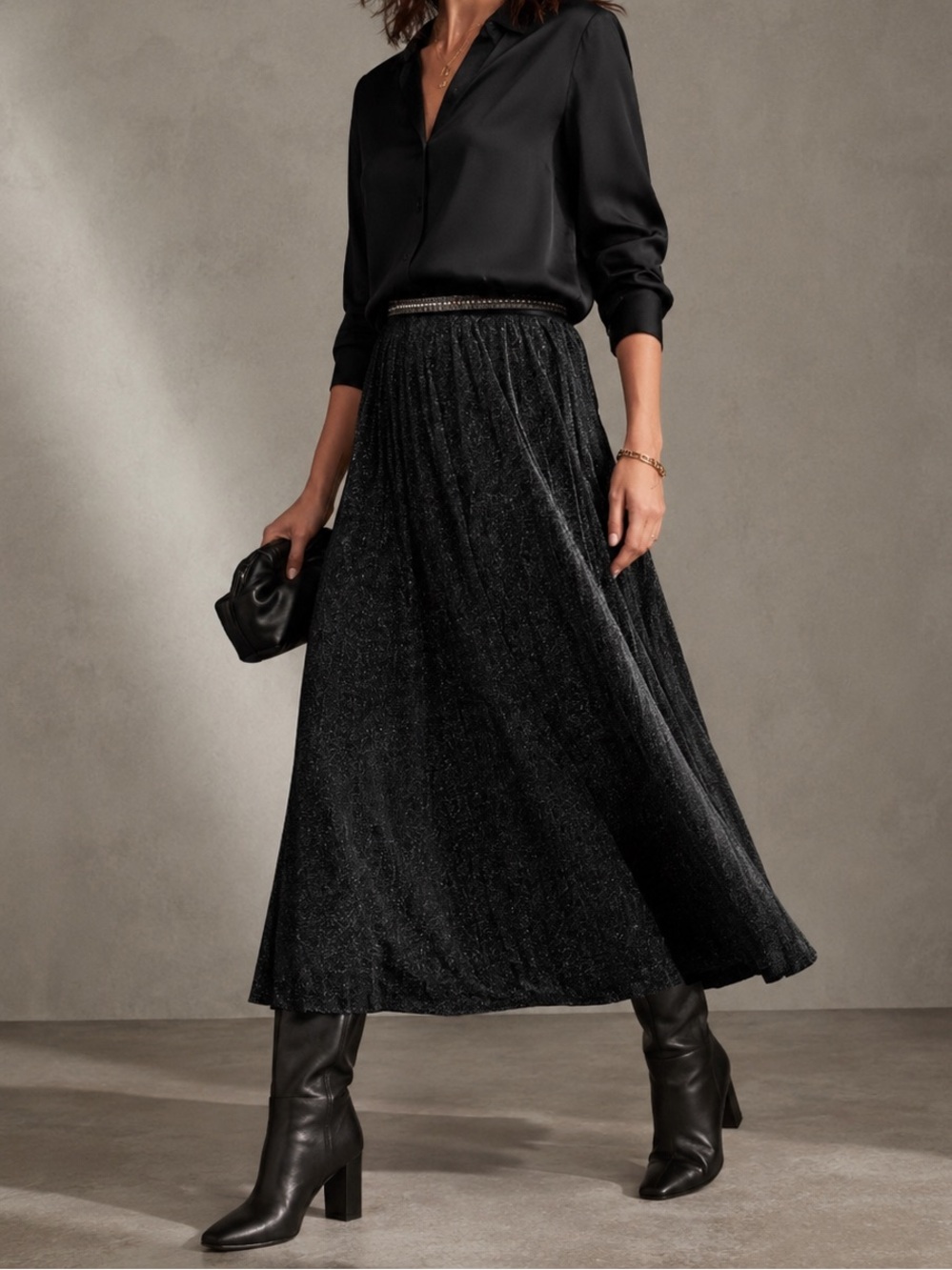 Boden Metallic Party Pleated Midi Length Skirt Black Size 8